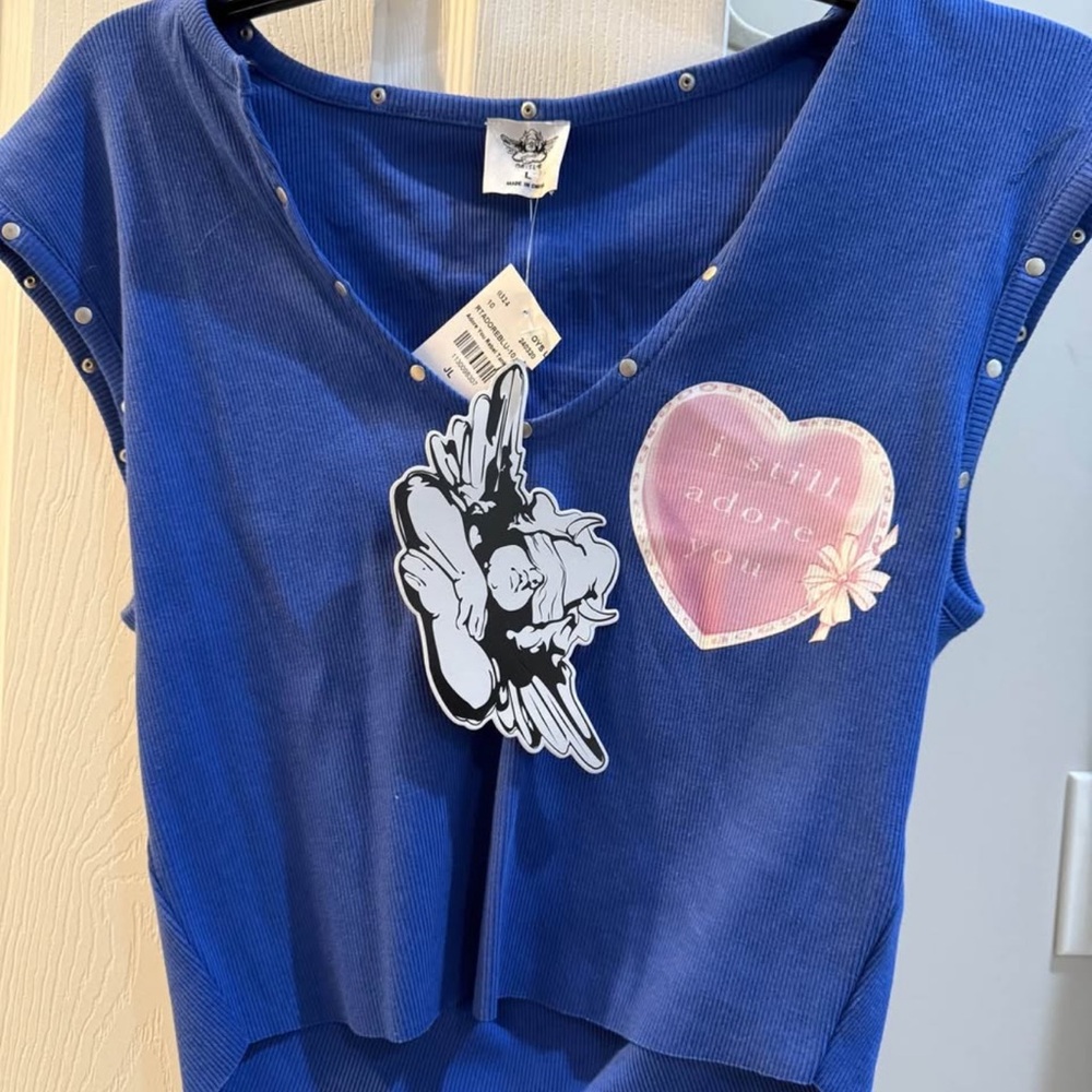Blue V-Neck Top with Heart Patch